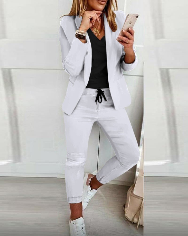 FitiqueFit two-piece OL suit with lapel blazer and drawstring trousers, available in 12 colors, XS to 3XL.