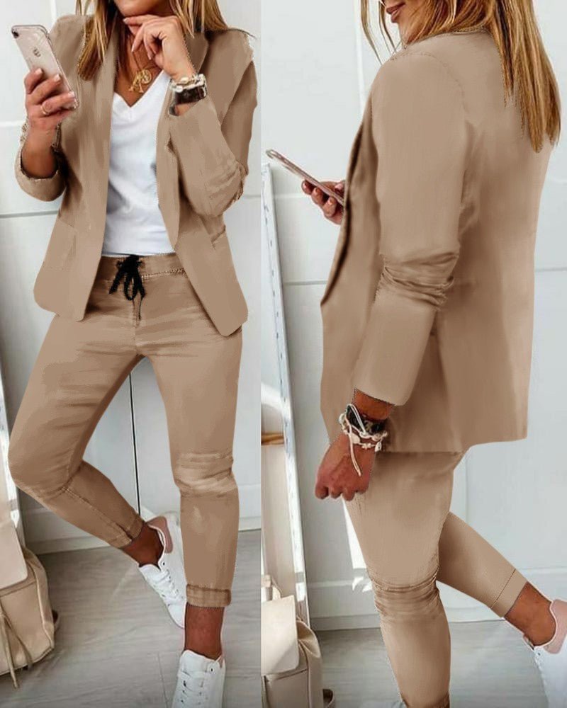FitiqueFit lapel blazer and drawstring trousers two-piece OL suit in multiple colors, XS to 3XL, stylish professional outfit.