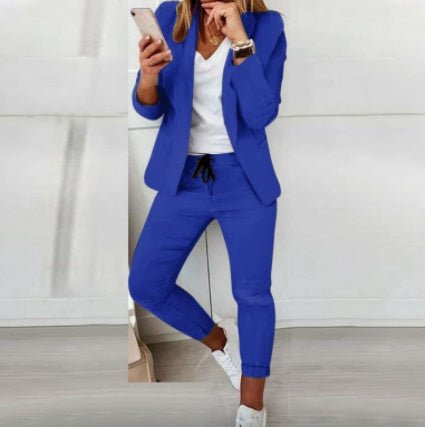 FitiqueFit two-piece OL suit with lapel blazer and drawstring trousers in 12 colors, available in XS to 3XL.