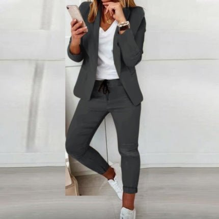 FitiqueFit two-piece lapel blazer and drawstring trousers OL suit in 12 colors, featuring a stylish blazer and comfortable trousers.