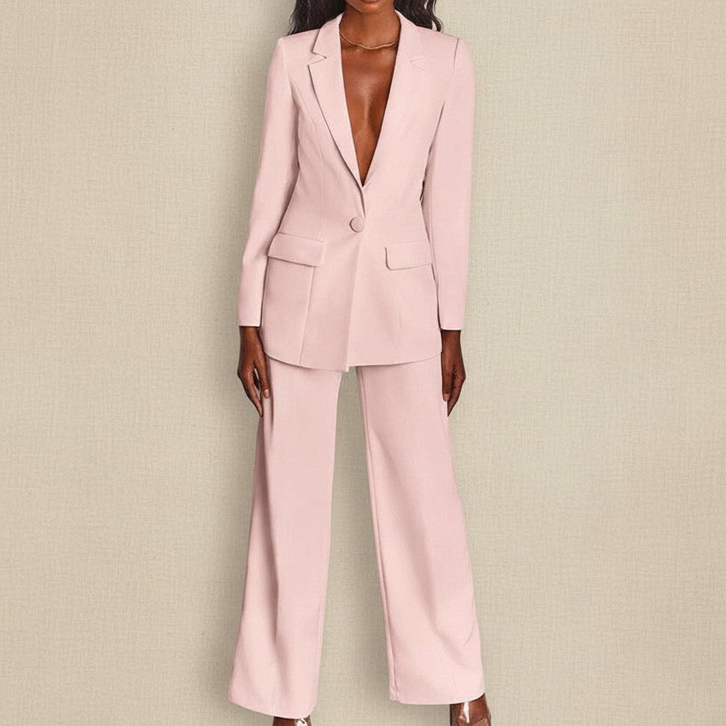 FitiqueFit two-piece suit with a lapel button-down blazer and straight-leg trousers, stylish and tailored for a professional look.