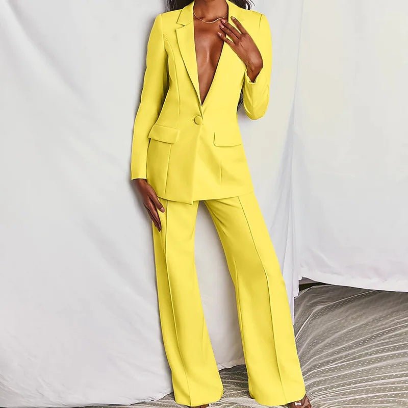 FitiqueFit two-piece blazer and straight-leg trousers suit, featuring a lapel button-down blazer and tailored trousers.