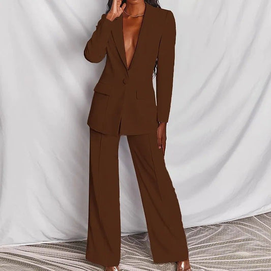 FitiqueFit two-piece suit with a lapel button-down blazer and straight-leg trousers, stylish and tailored for a professional look.