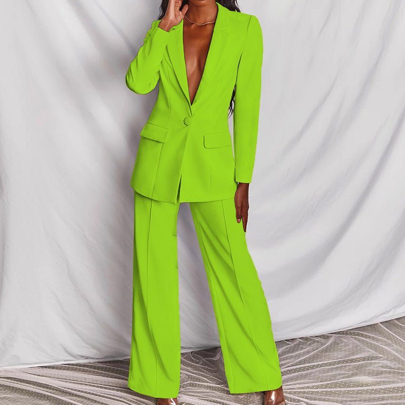 FitiqueFit two-piece suit with lapel button-down blazer and straight-leg trousers, stylish professional women's outfit.