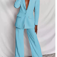 FitiqueFit two-piece suit with a lapel button-down blazer and straight-leg trousers, stylish formal outfit for women.