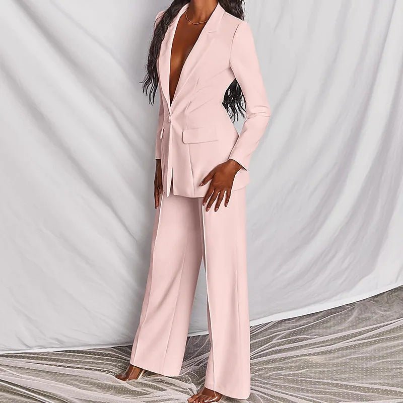 FitiqueFit two-piece suit with a lapel button-down blazer and straight-leg trousers, stylish and tailored for professional looks.