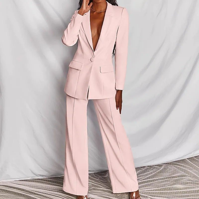 FitiqueFit two-piece suit featuring a lapel button-down blazer and straight-leg trousers, stylish and tailored for a professional look.