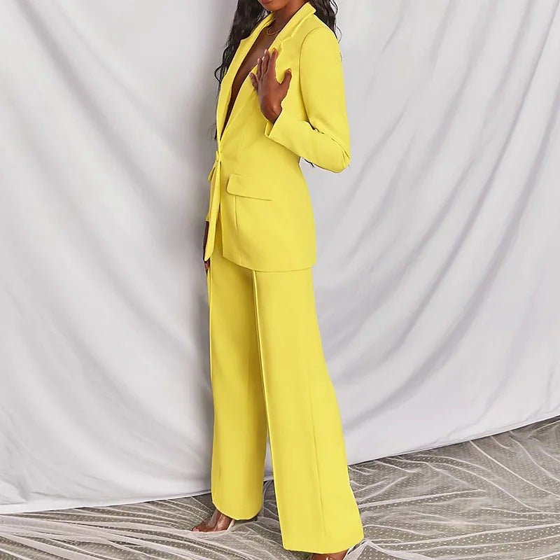 FitiqueFit two-piece suit featuring a lapel button-down blazer and straight-leg trousers, stylish and tailored for professional wear.