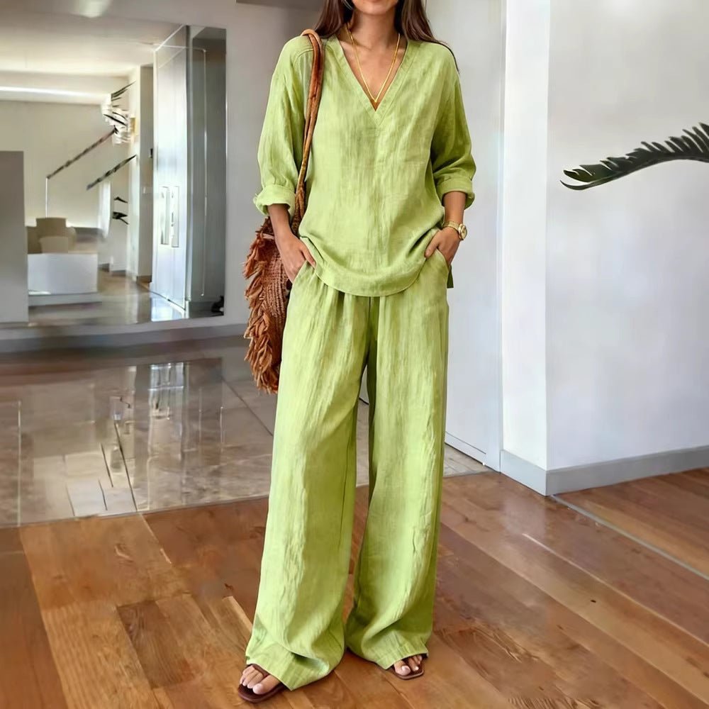 FitiqueFit long sleeve top and full-length pants two-piece set in 9 colors, available from size S to 3XL, shown in a casual fit.