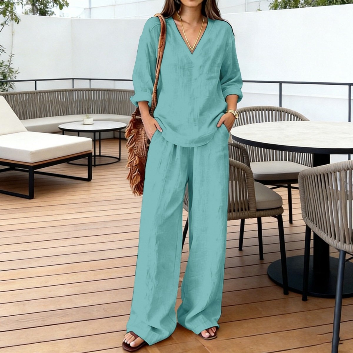 FitiqueFit two-piece set with long sleeve top and full-length pants in 9 colors, available in sizes S to 3XL.