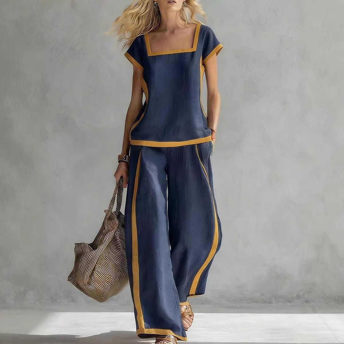FitiqueFit two-piece set with a square-neck loose top and matching three-quarter sleeve pants, stylish and comfortable for casual wear.