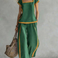 FitiqueFit square-neck three-quarter sleeve loose top and matching pants two-piece set displayed on a model.