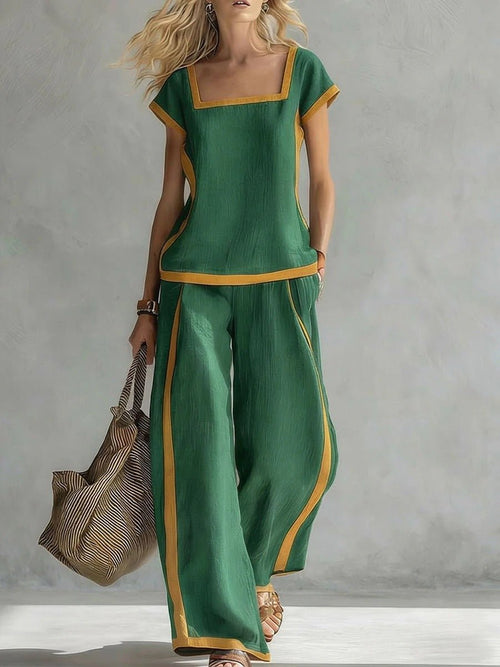 FitiqueFit square-neck three-quarter sleeve loose top and matching pants two-piece set displayed on a model.