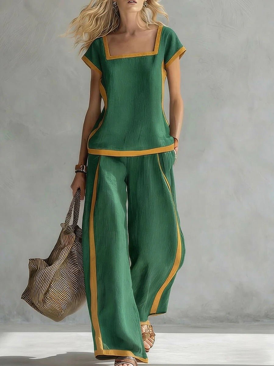 FitiqueFit square-neck three-quarter sleeve loose top and matching pants two-piece set displayed on a model.