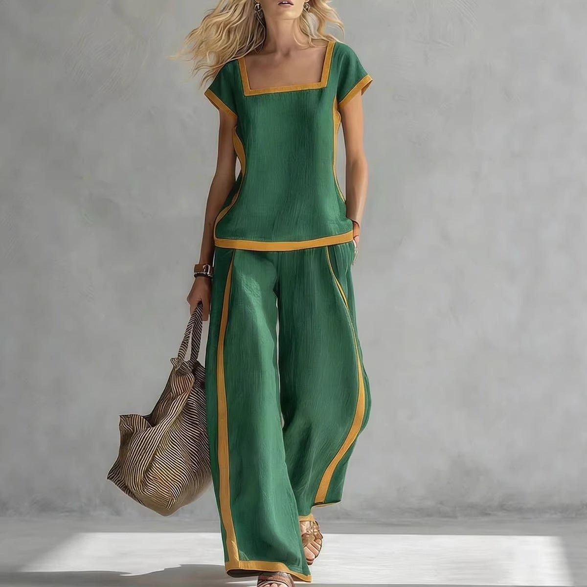FitiqueFit square-neck three-quarter sleeve loose top and matching pants two-piece set, casual and comfortable outfit.