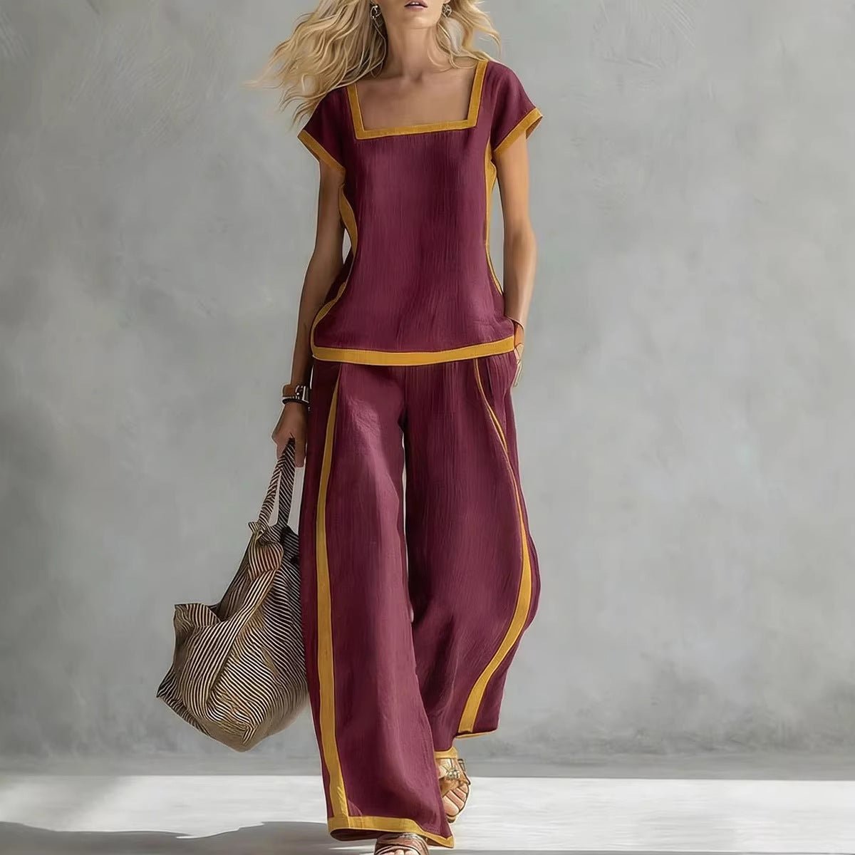 FitiqueFit two-piece set with square-neck, three-quarter sleeves, loose top, and matching pants for a stylish, comfortable look.