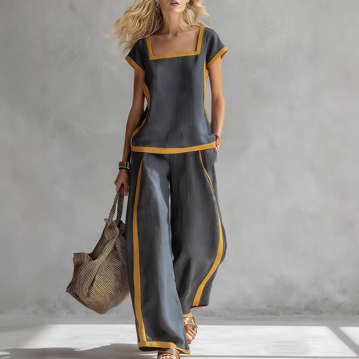 FitiqueFit square-neck two-piece set with three-quarter sleeves and loose fit top and pants for a casual, comfortable look.