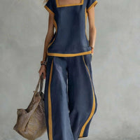 FitiqueFit two-piece set with square-neck loose top and matching three-quarter sleeve pants, stylish and comfortable for casual wear.