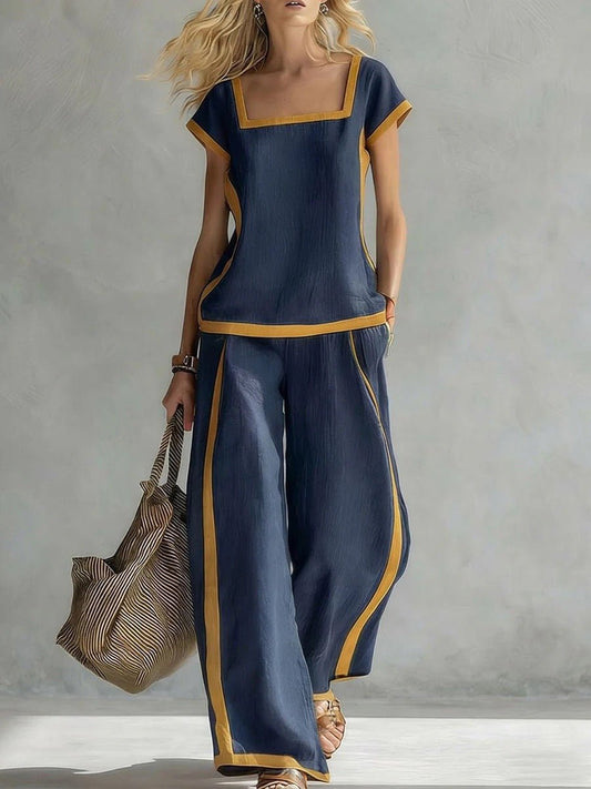 FitiqueFit two-piece set with square-neck loose top and matching three-quarter sleeve pants, stylish and comfortable for casual wear.