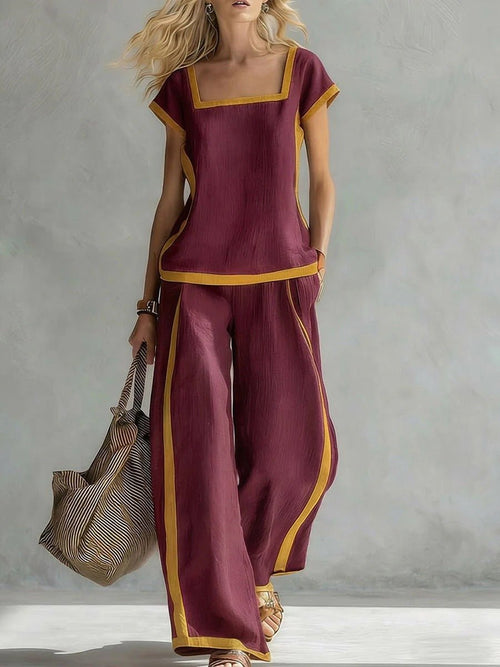 FitiqueFit two-piece set with square-neck, three-quarter sleeves, loose top, and matching pants for a casual, comfortable look.