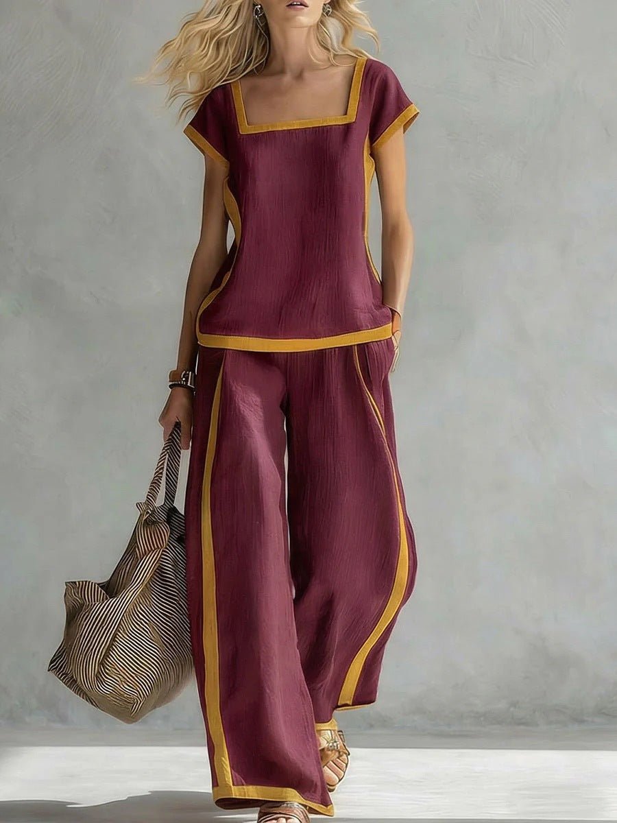FitiqueFit two-piece set with square-neck, three-quarter sleeves, loose top, and matching pants for a casual, comfortable look.