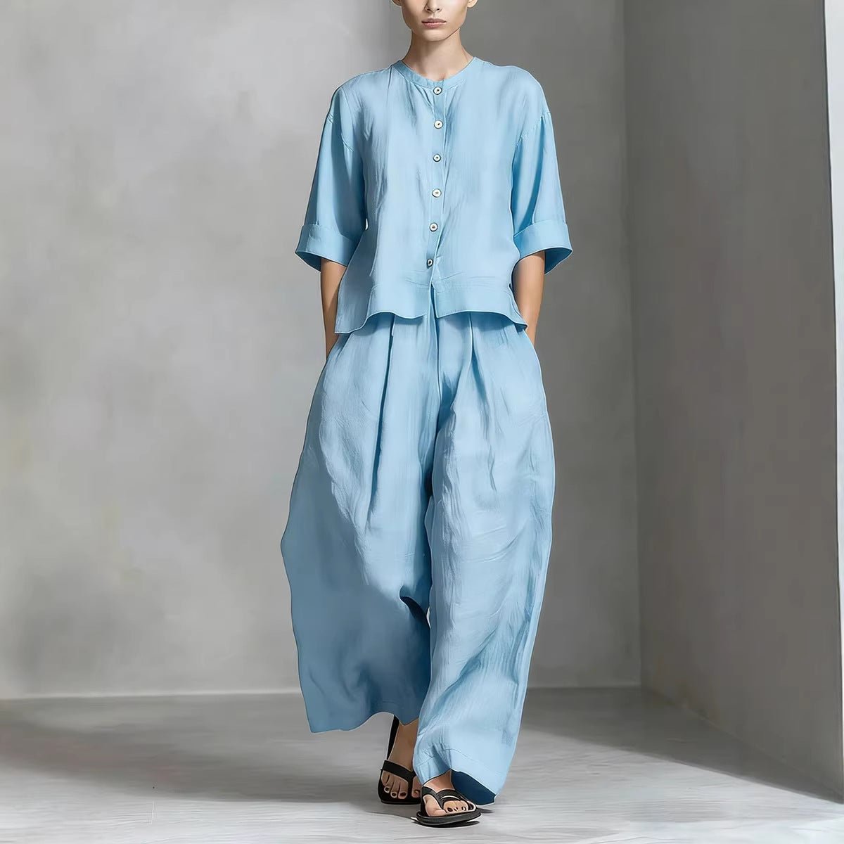 FitiqueFit three-quarter sleeve shirt and loose trousers two-piece set, casual and comfortable fashion ensemble.