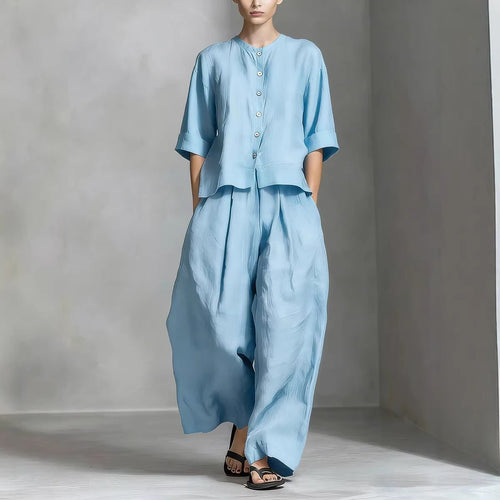 FitiqueFit three-quarter sleeve shirt and loose trousers two-piece set, casual and comfortable fashion ensemble.