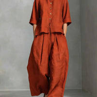 FitiqueFit three-quarter sleeve shirt and loose trousers two-piece set, casual stylish outfit, soft fabric, comfortable fit