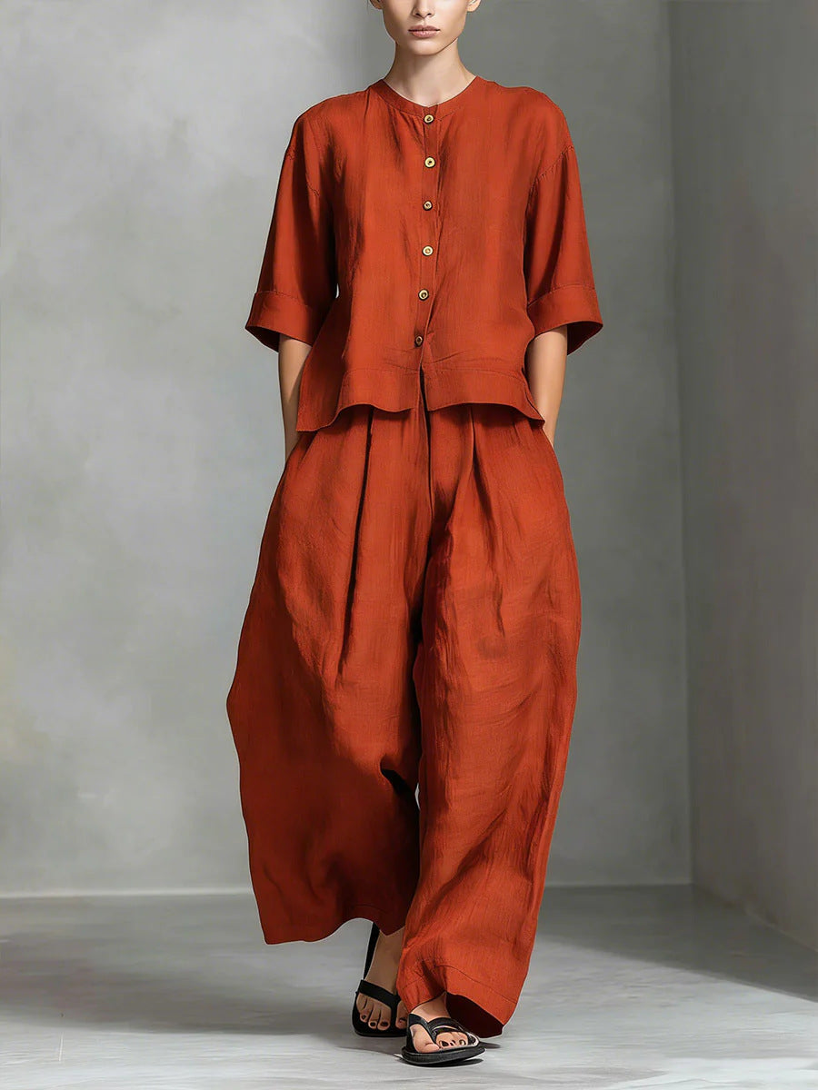 FitiqueFit three-quarter sleeve shirt and loose trousers two-piece set, casual stylish outfit, soft fabric, comfortable fit