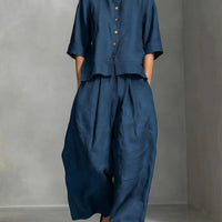 FitiqueFit two-piece set with a three-quarter sleeve shirt and loose trousers, perfect for casual or semi-formal wear.