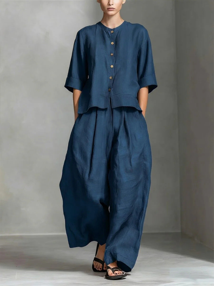 FitiqueFit two-piece set with a three-quarter sleeve shirt and loose trousers, perfect for casual or semi-formal wear.