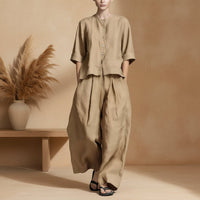 FitiqueFit three-quarter sleeve shirt and loose trousers two-piece set, casual stylish outfit with comfortable fit.