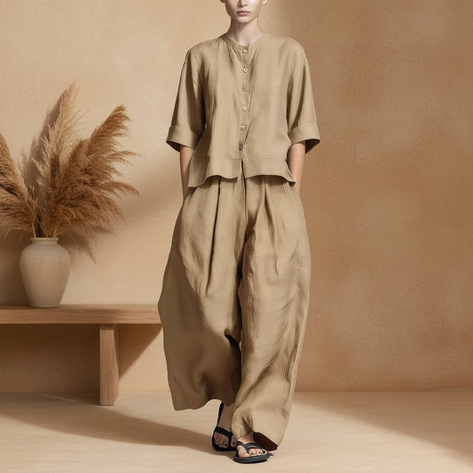 FitiqueFit three-quarter sleeve shirt and loose trousers two-piece set, casual stylish outfit with comfortable fit.