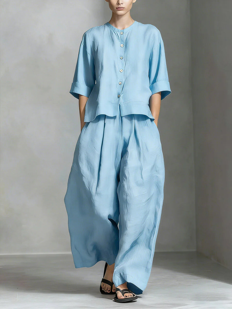 FitiqueFit three-quarter sleeve shirt and loose trousers two-piece set, stylish casual outfit for women.