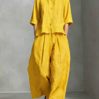 FitiqueFit three-quarter sleeve shirt and loose trousers two-piece set, casual and comfortable women's clothing ensemble.