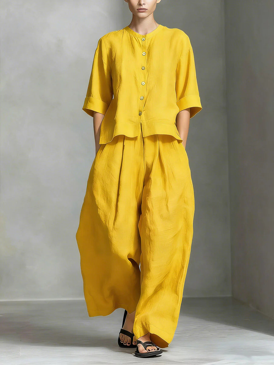 FitiqueFit three-quarter sleeve shirt and loose trousers two-piece set, casual and comfortable women's clothing ensemble.