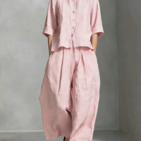 FitiqueFit three-quarter sleeve shirt and loose trousers two-piece set, stylish and comfortable for casual wear.