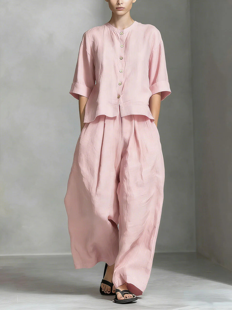FitiqueFit three-quarter sleeve shirt and loose trousers two-piece set, stylish and comfortable for casual wear.