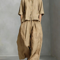 FitiqueFit three-quarter sleeve shirt and loose trousers two-piece set, casual stylish outfit for women.