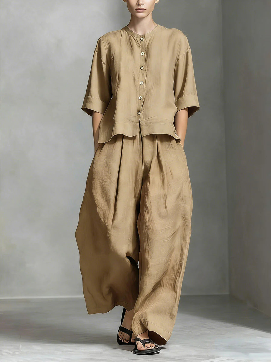 FitiqueFit three-quarter sleeve shirt and loose trousers two-piece set, casual stylish outfit for women.