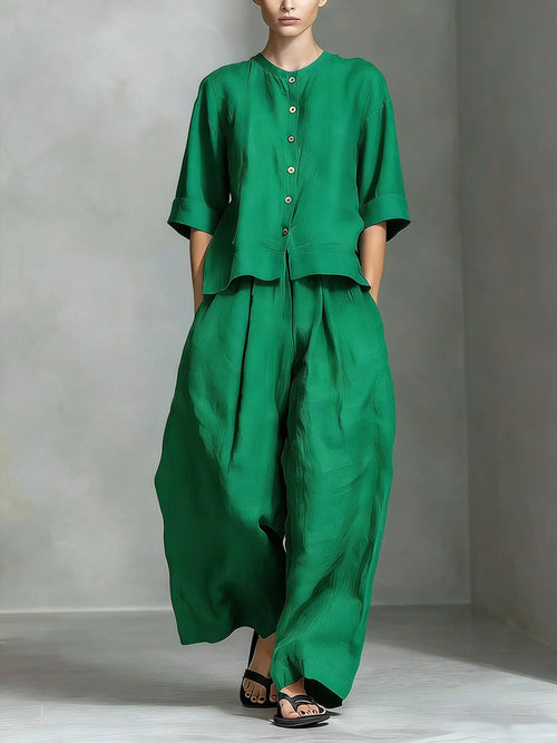 FitiqueFit two-piece set featuring a three-quarter sleeve shirt and loose trousers, perfect for casual or stylish daytime wear.