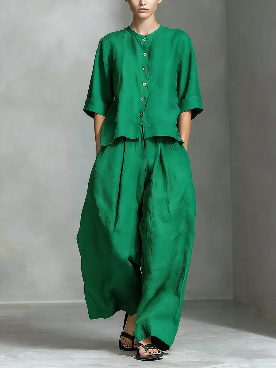 FitiqueFit two-piece set featuring a three-quarter sleeve shirt and loose trousers, perfect for casual or stylish daytime wear.