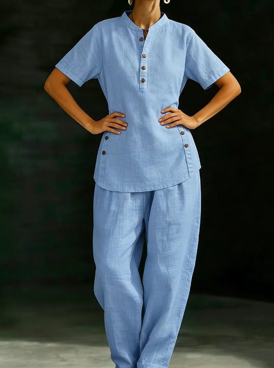 FitiqueFit solid color two-piece set with three-quarter sleeve shirt and wide-leg pants, casual and comfortable for everyday wear.