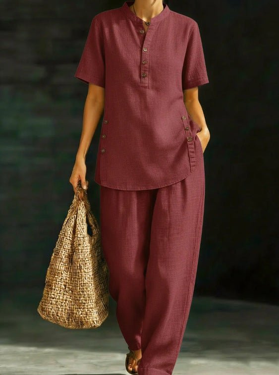 FitiqueFit three-quarter sleeve shirt and wide-leg pants two-piece set in solid color, casual style, perfect for everyday wear.