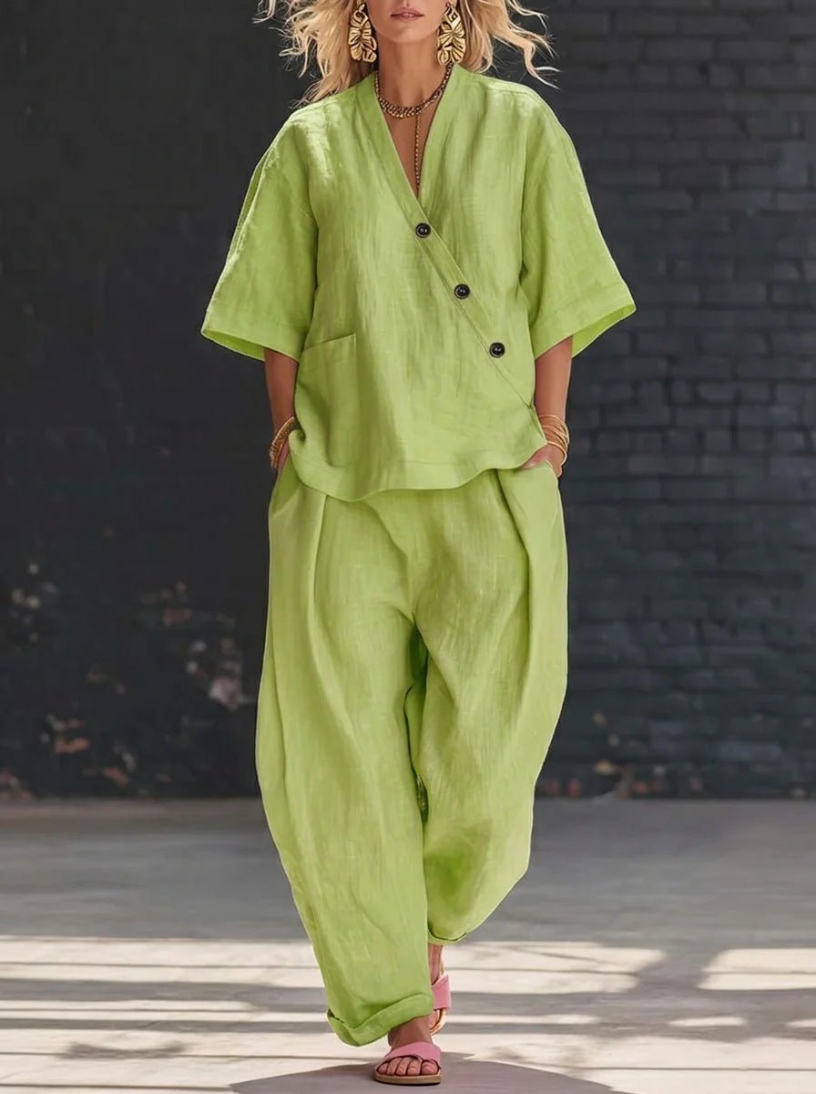 FitiqueFit two-piece set with a V-neck short sleeve top and high-waist trousers, displayed on a mannequin.