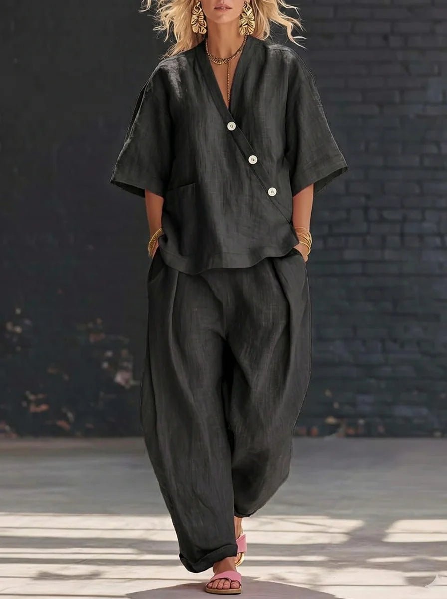 FitiqueFit V-neck short sleeve top and high-waist trousers two-piece set, featuring a stylish, coordinated outfit for casual or chic wear.