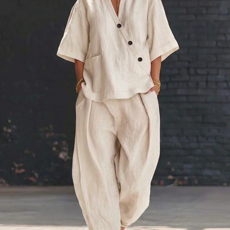 FitiqueFit V-neck short sleeve top with high-waist trousers two-piece set, featuring a stylish and comfortable matching outfit.