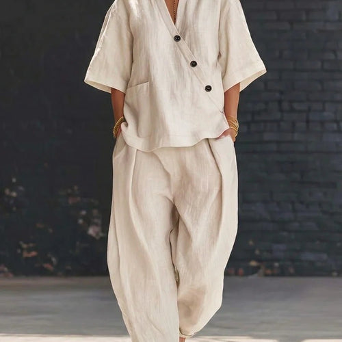 FitiqueFit V-neck short sleeve top with high-waist trousers two-piece set, featuring a stylish and comfortable matching outfit.