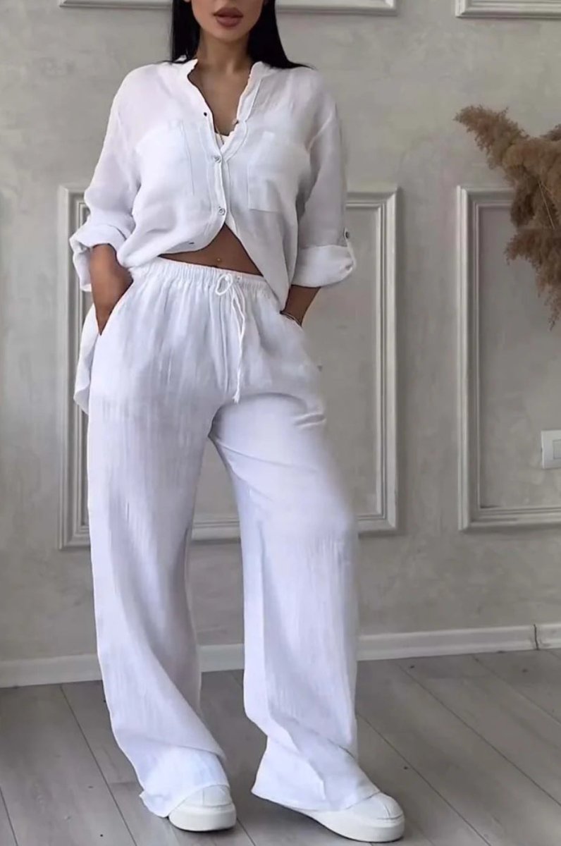 FitiqueFit wide-leg pants and lace-up top two-piece set in solid color, available in 12 colors, from size S to 5XL.