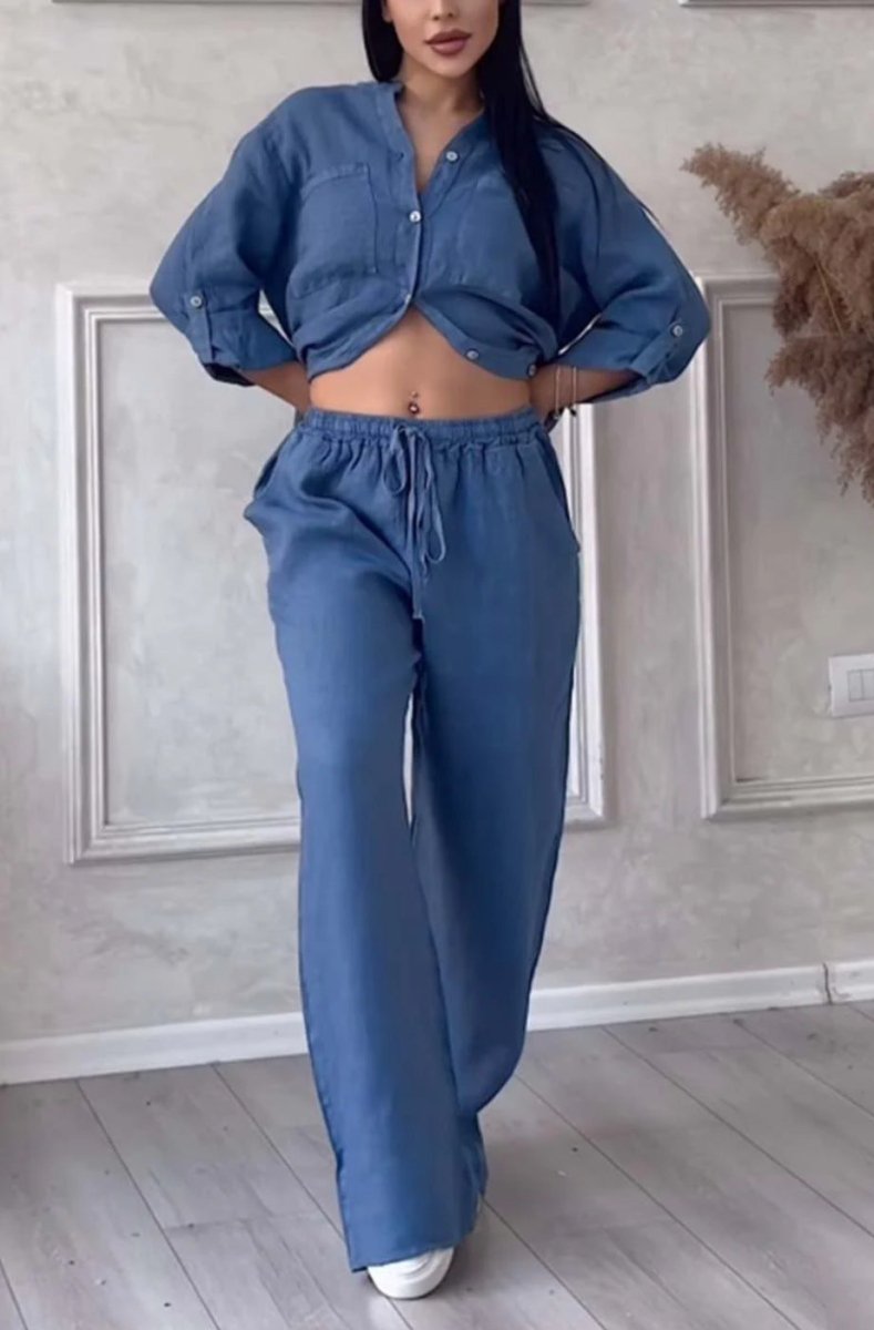 FitiqueFit wide-leg pants and lace-up top two-piece set in solid color, available in 12 colors, sizes S to 5XL.